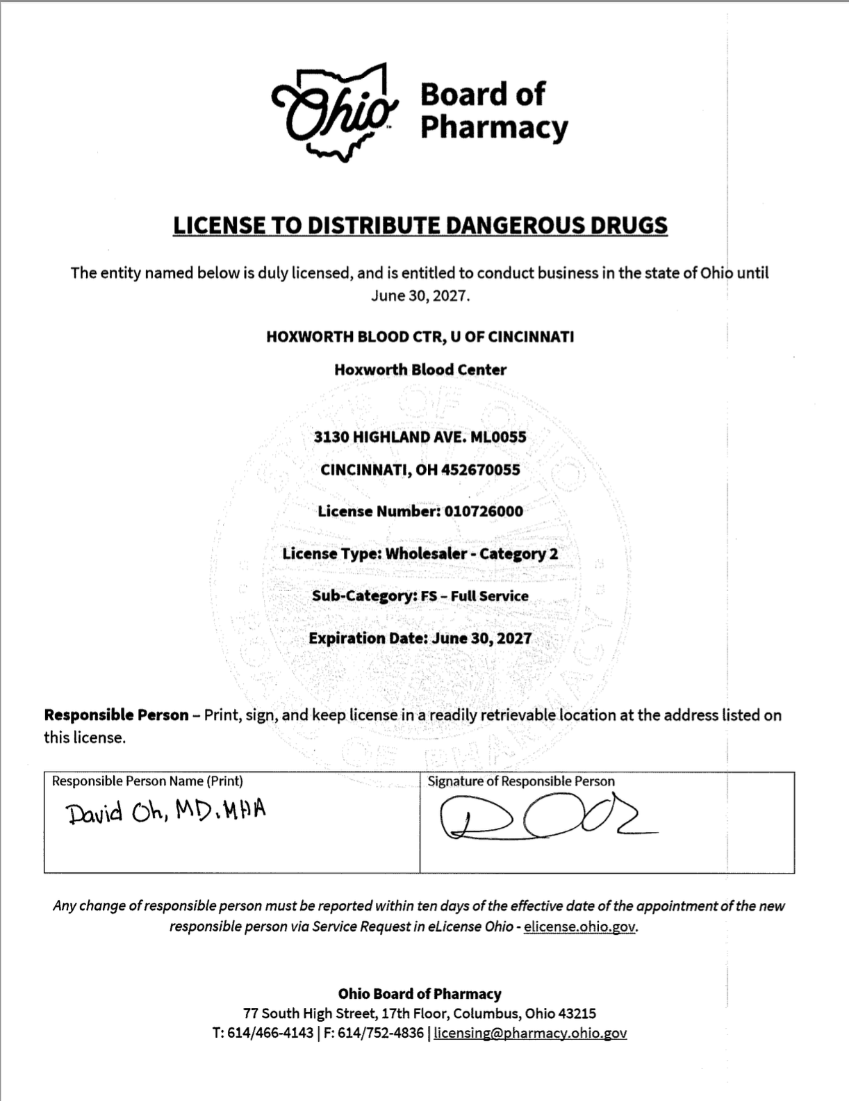 Registration for the State of Ohio Pharmacy for Hoxworth Blood Center, expiring June 2027