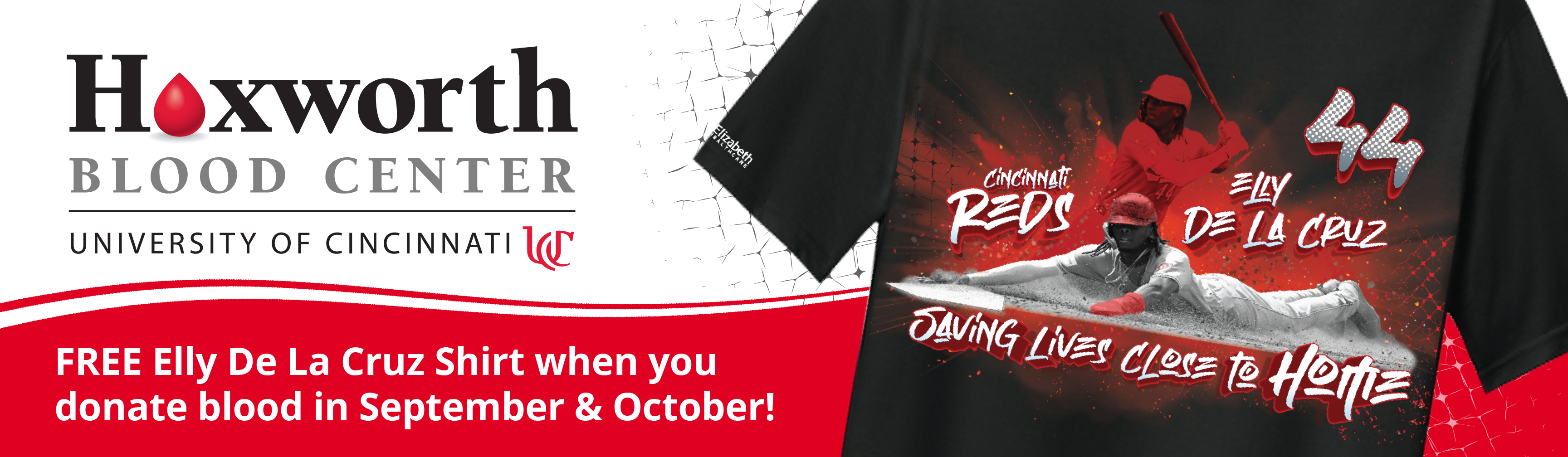 Donate blood or platelets with Hoxworth Blood Center in September and October and receive an Elly De La Cruz shirt while supplies last as a thank you gift