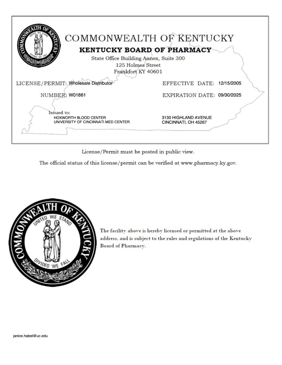 License from State of Kentucky Pharmacy for Hoxworth Blood Center