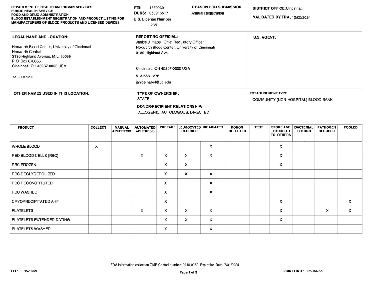 Page 1 of Hoxworth's FDA Registration