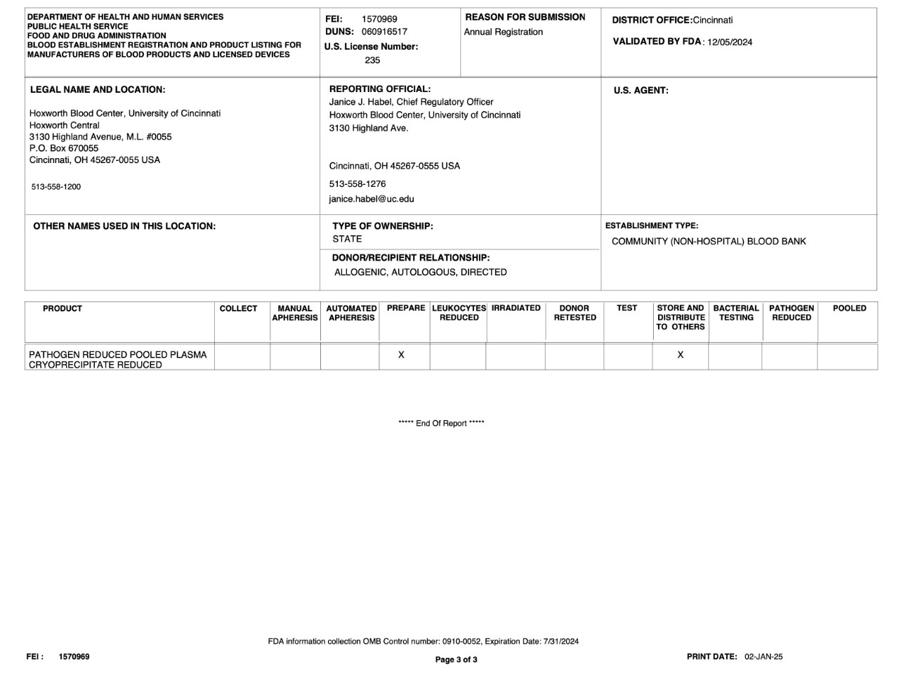 Page 3 of Hoxworth's FDA Registration