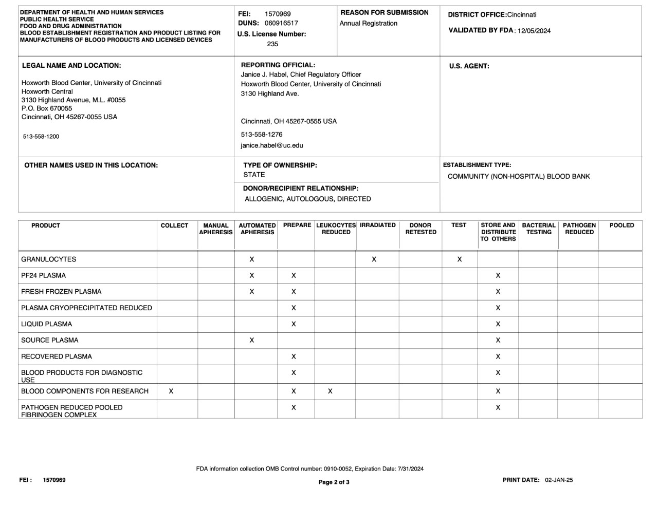 Page 2 of Hoxworth's FDA Registration