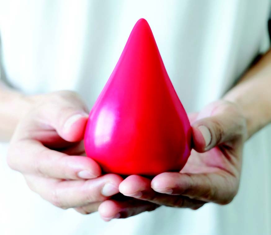 Hands holding a blood drop sculpture