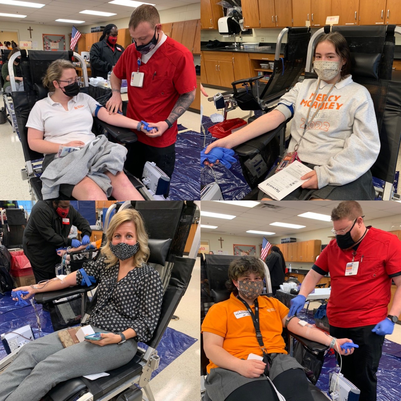 A grid of 4 photos, picturing various students and teachers from Mercy McAuley donating blood.