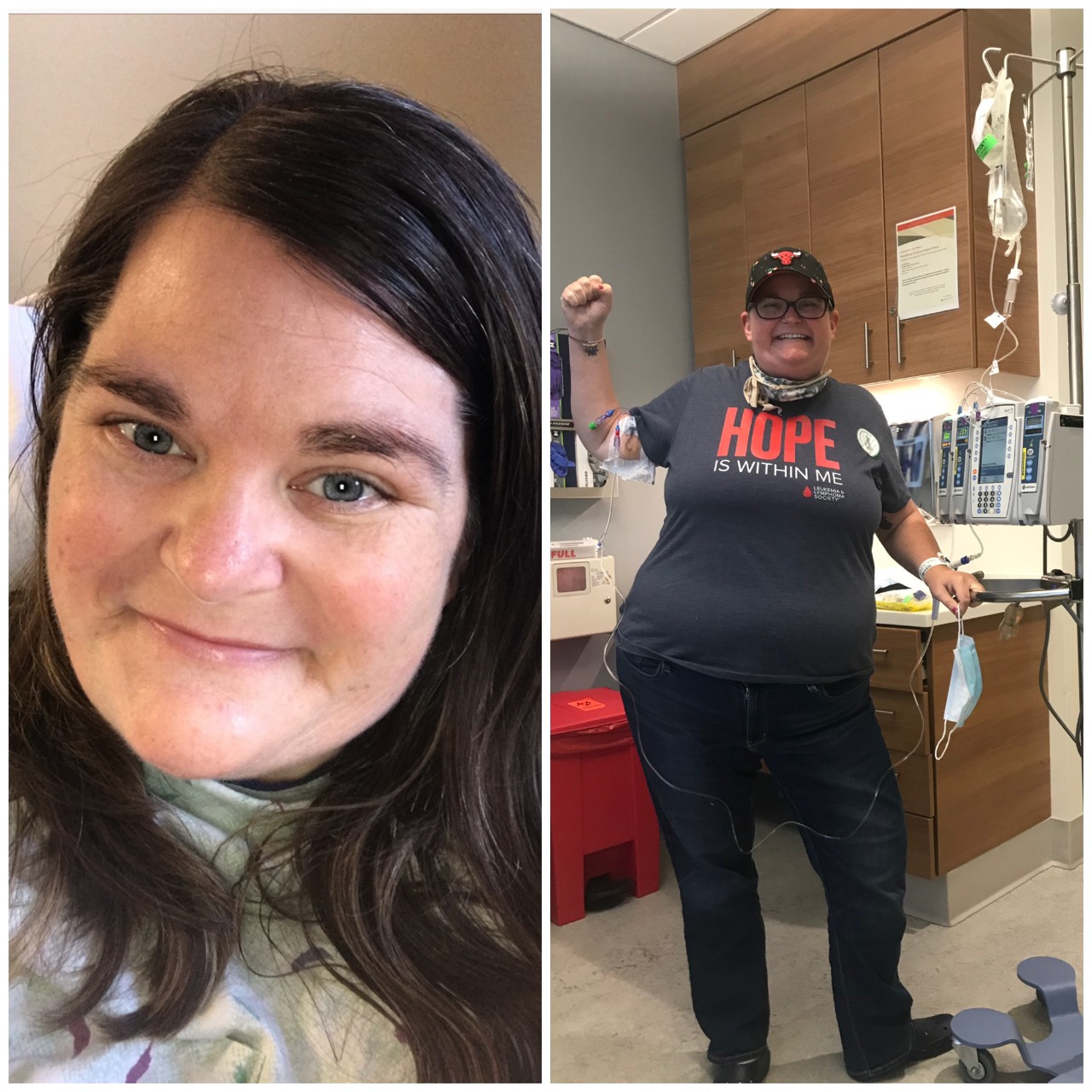 Two photos of Beth VanWassenhove--a selfie and one of her posing with an IV