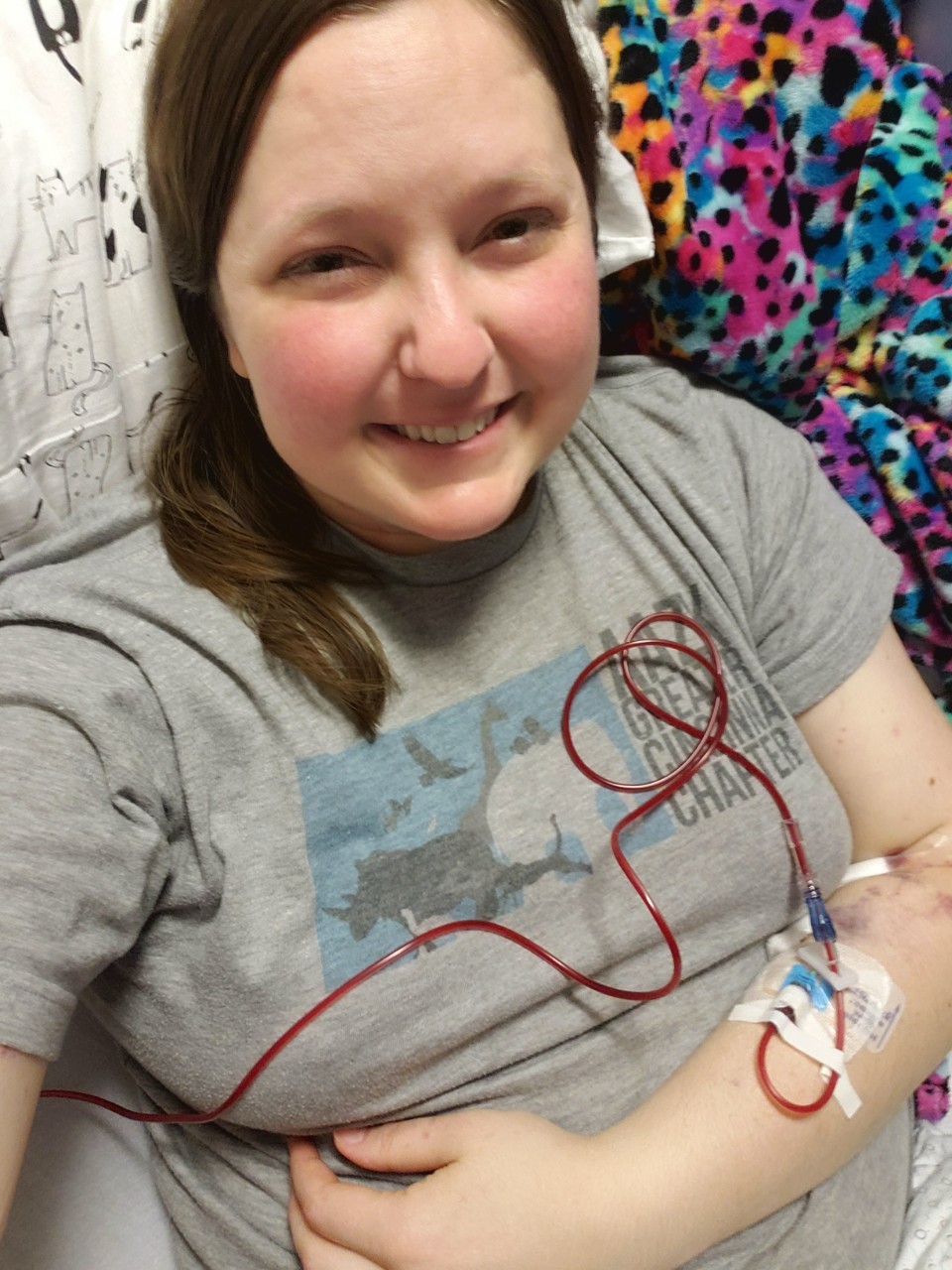 Alle Foster receiving a blood transfusion